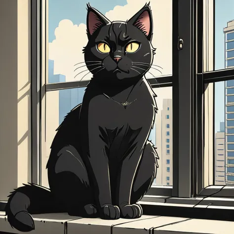 black cat sitting  on a windowsill in a highrise apartment, simple anime style, 2d, celshading, thick lineart, heavy black ink l...