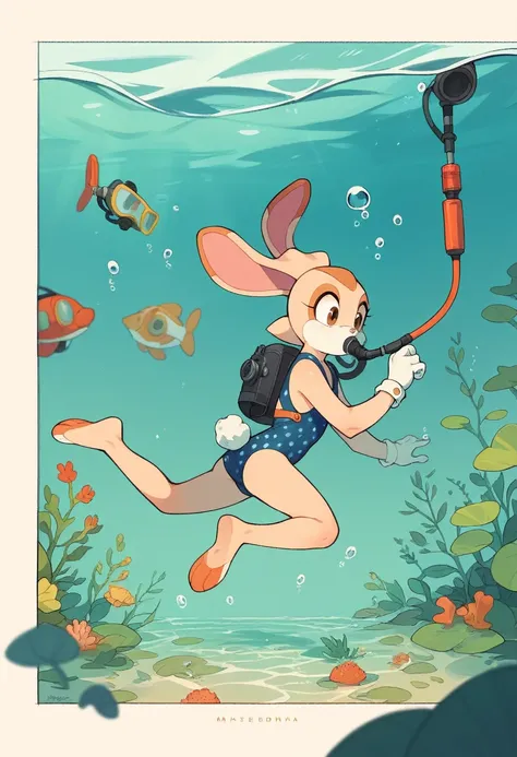 masterpiece, highres, best quality, cream the rabbit underwater wearing a patterned swimsuit, bunny tail, masterpiece, water, co...