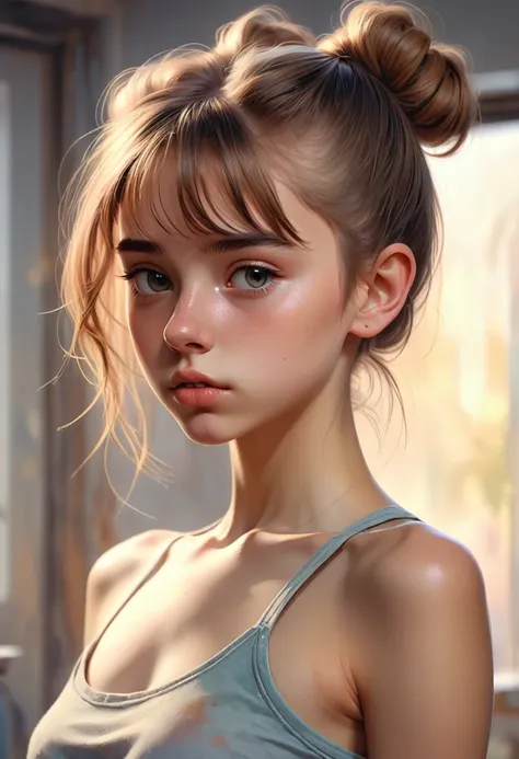 (cinematic photo: 1.3) from (really: 1.3), (comfortable: 1.3) beautiful 18 year old girl, (difficult messy bun of light brown ha...