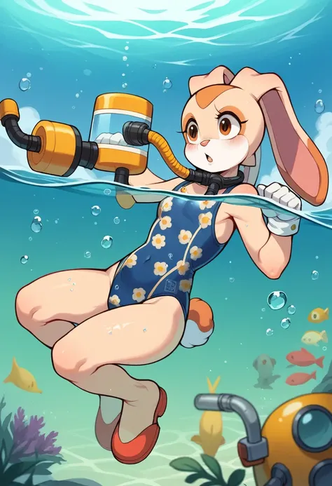 masterpiece, highres, best quality, cream the rabbit underwater wearing a patterned swimsuit, bunny tail, masterpiece, water, co...