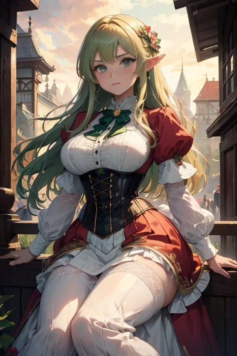 sophisticated elf woman, steampunk, dress , muted colors, sephia filter, mature, well endowed bust, victorian era, detailed eyes...