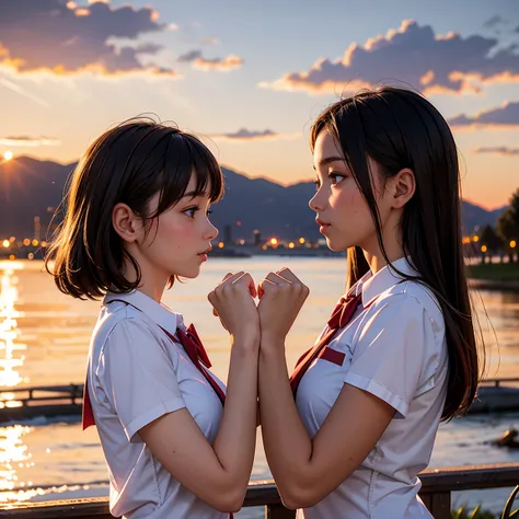 (masterpiece, best quality), perfect anatomy, perfect hands, two school girls are deeply in love with each other, romantic atmos...