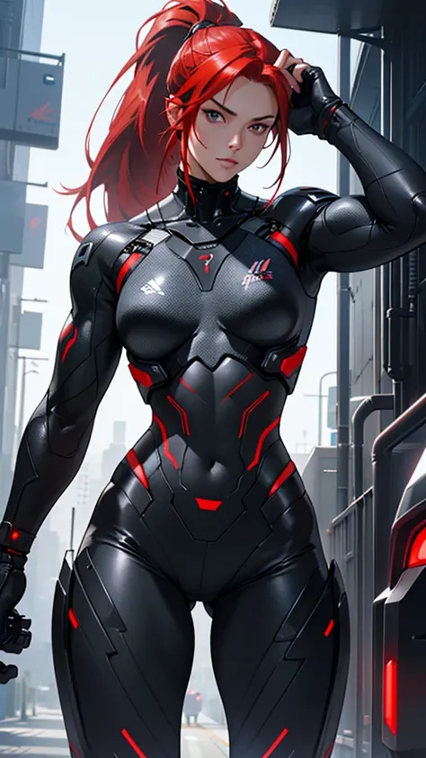 Beautiful cybernetic girl detailed muscles realistic masterpieces full figure pose (best quality,ultra-detailed), red hair in ponytail, fair skin, fit body, slim figure, narrow waist, (confident expression), black carbon fiber cybernetic mobile combat suit