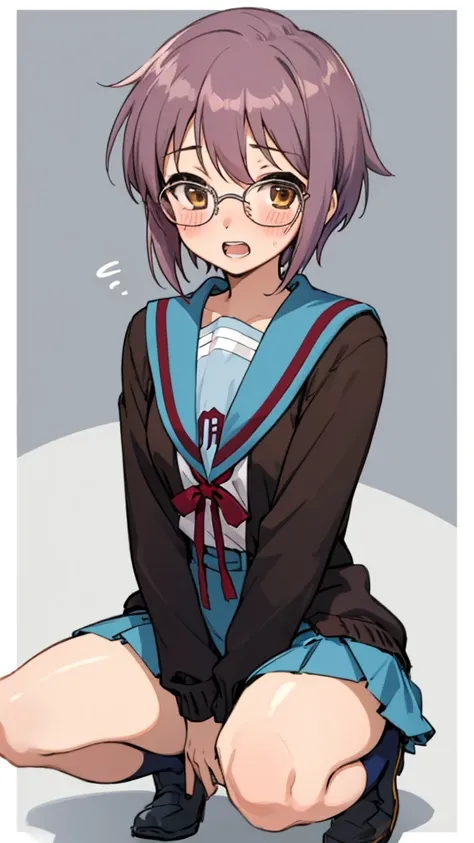  looking at viewer, 1girl, female, solo, blush, open mouth, , teeth, , ny1, glasses, , blue sailor collar, serafuku, blue skirt, long sleeves, brown cardigan, open cardigan, squatting , open legs,spread legs,panties