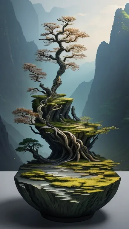 best quality, realistic, photorealistic, divine tree entwined with dead roots with many twining roots and mountains, "unique pot...