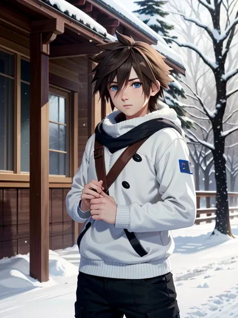 ((ultra detailed, masterpiece, absurdres))
 khsora, 1boy, solo, brown hair, blue eyes, spiked hair, ski lodge, winter setting, s...