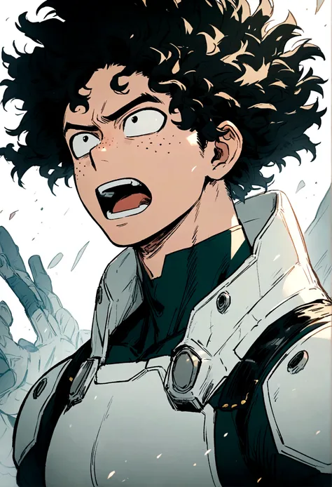 My hero academia, male with black curly hair, freckles, and black eyes