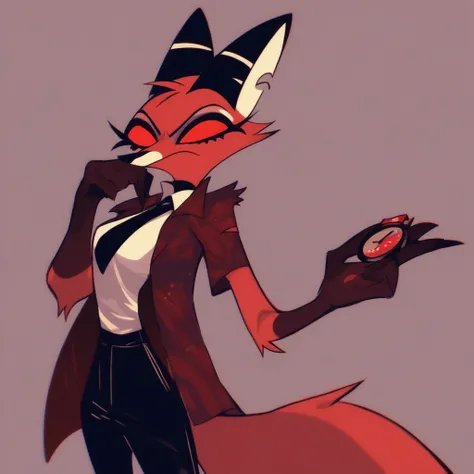 (vivziepop style), anthro, canid, female, mammal, solo, (by vivzmind) (helluva boss)solo female,furry,fox ,red fox,dark red feat...