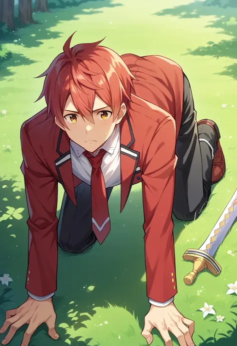 score_9, score_8_wonderful, score_7_wonderful, sauce_anime ,Sword Art Online,Kirito, Male Focus, Part 1:  , Red Blazer, Black trousers, Outdoor,Red tie，Get on all fours and place your hands on the floor