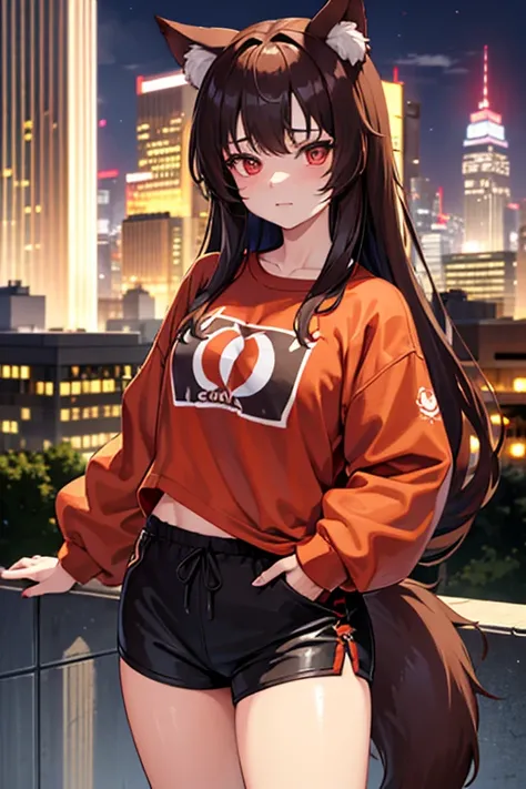 Fasa an anime style girl with wolf ears and tail in chestnut brown color and the color of (Caucasian skin) with red eyes and a cute face, She is also wearing a dark sweatshirt and dark shorts, She looks as if she were standing on top of a building looking ...