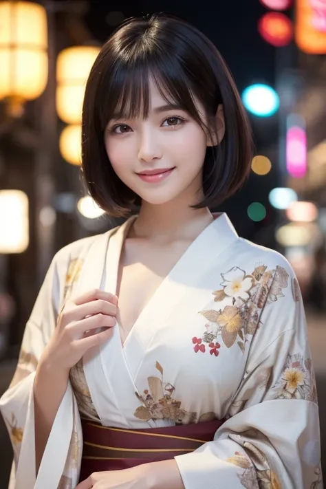 girl, White skin, Short dark brown tiered hair, V cut with layers and bangs, Brown eyes, Soft atmosphere characteristics (Highest quality, Ultra-high resolution, 8K, Ultra-high resolution: 1.2, masterpiece: 1.2), (Realistic, Realistic: 1.37), Super detaile...