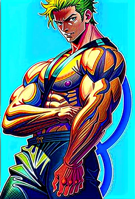 1 male, zoro, one piece, focused face, facial features hands and feet are carefully depicted, very muscular, carrying very detailed dumb bells, dark background, 8k, best best quality.