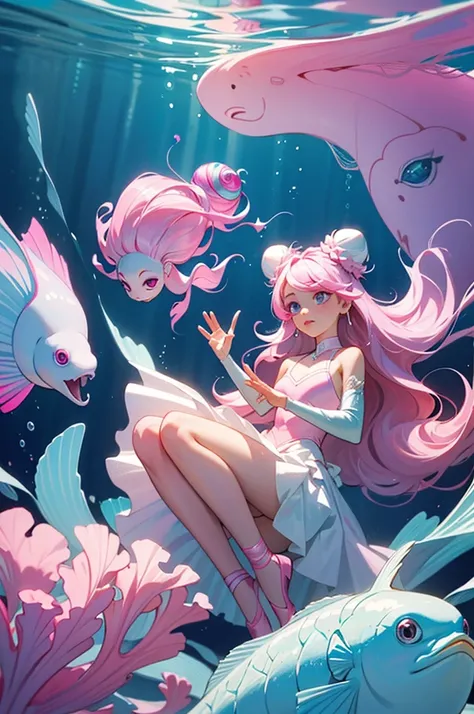 throw, ((masterpiece, Highest quality)), whole body, One girl, alone, (Long Hair:1.1),(Hair Ribbon:0.4), Pink Eyes,(((White bun hair))),(((Long pink hair))),
 Create an enchanting and fantastical underwater scene featuring a girl with sparkling blue eyes a...