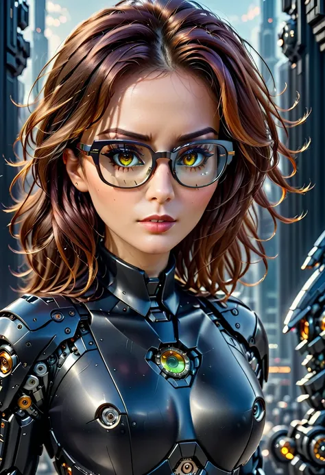 Arafed a picture of a human female spy, wearing dark suit, wearing ((mecha glasses: 1.5))exquisite beautiful female, dynamic eye color, dynamic hair color, dynamic hair style, glasses has intricate mechanical part in it, high society gala event background,...