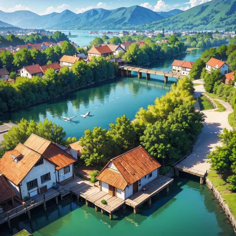 a tourist village with beautiful and modern little house is just on one side of the lake with light blue water and the rivers water volume has recently decreased so there is a part of land without any buildings, where there used to be water is now land. Bl...