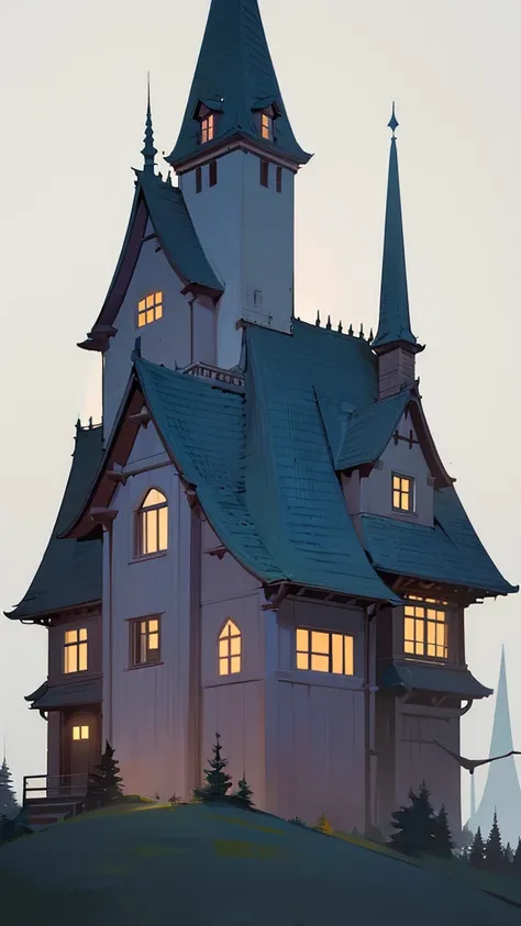 House in the middle of a forest at night, that the image shows the house in diagonal profile, that the house is 19th century style, and it looks terrifying