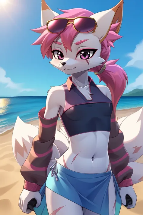 kimiko five-tails, furry female anthro, fox girl, white body fur, pink hair, ((shirt, navel, sunglasses, eyewear on head, swimsu...