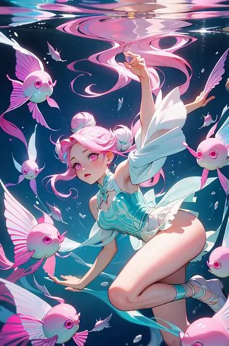 throw, ((masterpiece, Highest quality)), whole body, One girl, alone, (Long Hair:1.1),(Hair Ribbon:0.4), (((Pink Eyes))),(((White bun hair))),(((Long pink hair))),
 Create an enchanting and fantastical underwater scene featuring a girl with sparkling blue ...