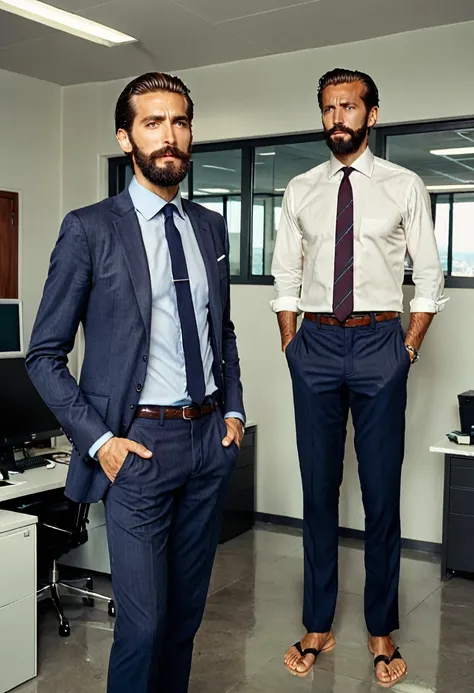 Two Italian men stand barefoot in an office, both dressed stylishly and sporting well-groomed beards. The man on the left is very tall, his head almost touching the ceiling, and wears a suit with a tie, with one hand in his pocket. The man on the right, mu...