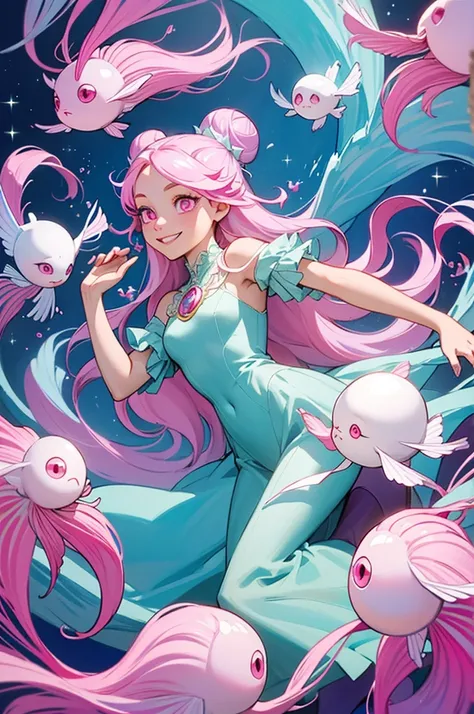 throw, ((masterpiece, Highest quality)), whole body, One girl, alone, (Long Hair:1.1),(Hair Ribbon:0.4), (((Pink Eyes))),(((White bun hair))),(((Long pink hair))),(((smile))),
 Create an enchanting and fantastical underwater scene featuring a girl with spa...