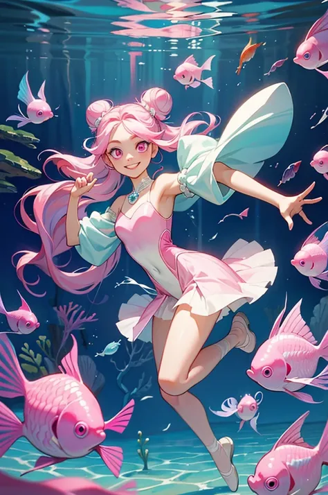 throw, ((masterpiece, Highest quality)), whole body, One girl, alone, (Long Hair:1.1),(Hair Ribbon:0.4), (((Pink Eyes))),(((White bun hair))),(((Long pink hair))),(((smile))),
 Create an enchanting and fantastical underwater scene featuring a girl with spa...