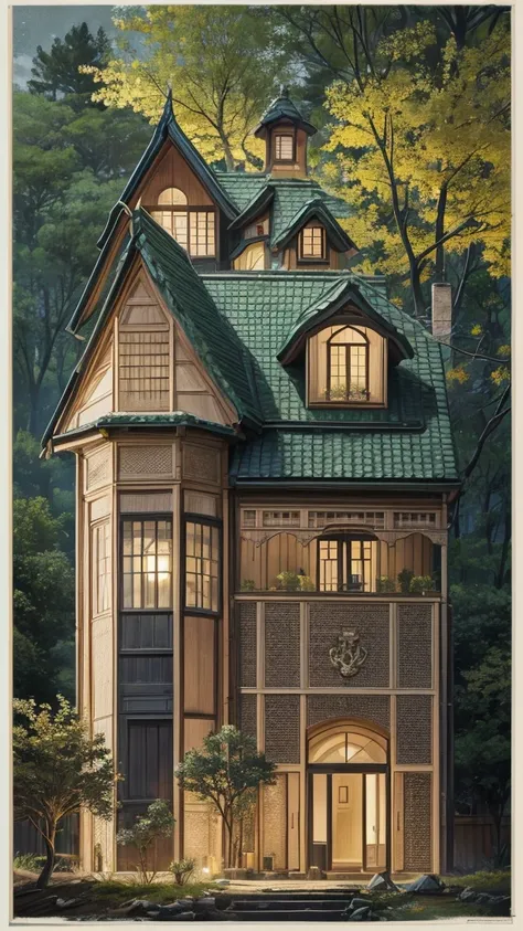 House in the middle of a forest at night, that the image shows the house in diagonal profile, that the house is 19th century style, and it looks terrifying