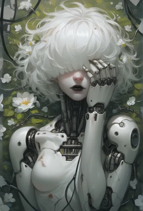 score_9, score_8_up, score_7_up, score_6_up, score_5_up, score_4_up,   cr34tur3g0r3, 1girl, flowers, cyborg, wires, broken, white hair, messy hair, hair covering eyes, hair over eyes, blunt bangs, black lipstick, robot