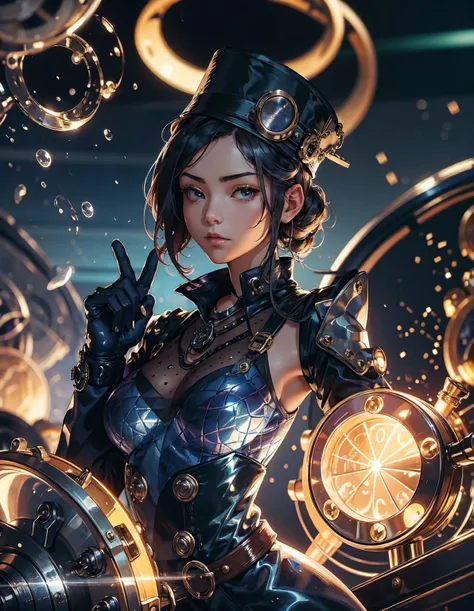 Steampunk World、A woman works hard in a small factory。She is working on repairing the machine.、Wearing oily gloves、Put on goggles、Wearing a hat。The short hairstyle is characteristic、His expression conveys his deep concentration and professional attitude.。T...