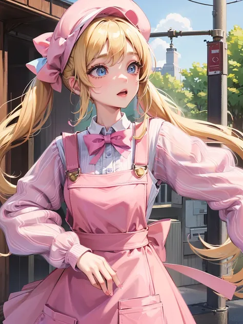 an adult woman, blonde with two pigtails with a bow each pink, pink dress yipo overalls, she has blue eyes, a pink hat on her head 