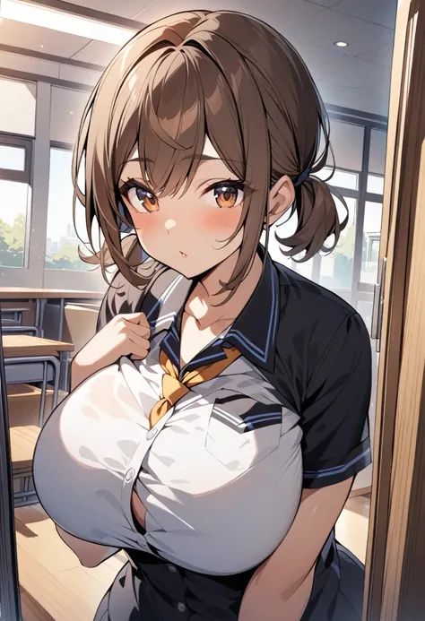 {{Upper part of the body, dutch angle}} 1girl, solo, Brown hair with short pigtails, voluptuous curvy body, interior,  clothes, school background