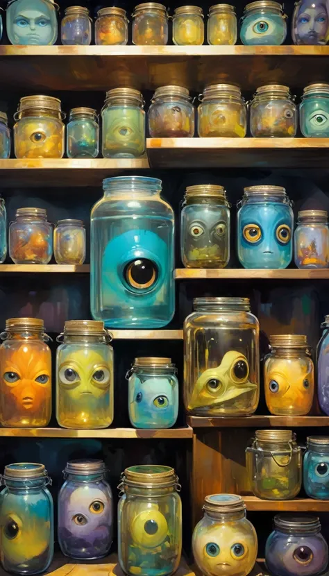 store shelf with large jars, jars with eyes inside, jars with heads inside, jars with hands inside (art inspired by Bill Sienkiewicz, oil painting)