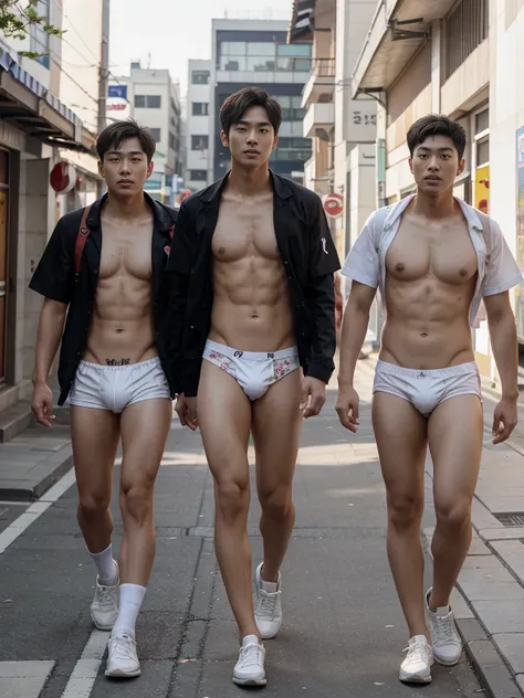 3 young Korean guys, handsome face detail,walks naked in his underwear with a group of friends dressed in school uniforms on a street in Seoul.