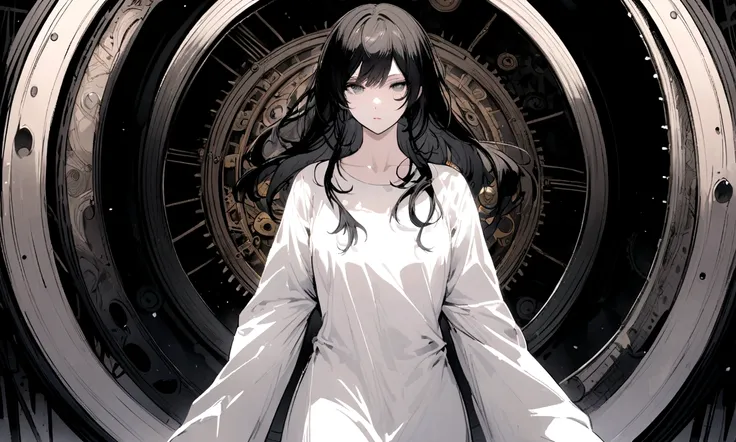 black and white drawing, giant clockwork background, human, beautiful woman 1, wearing a white dress, Detailed facial details