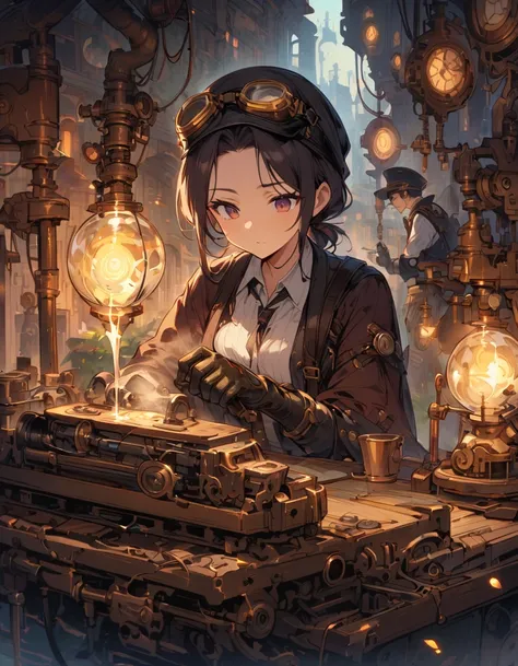 Steampunk World、A woman works hard in a small factory。She is working on repairing the machine.、Wearing oily gloves、Put on goggles、Wearing a hat。The short hairstyle is characteristic、His expression conveys his deep concentration and professional attitude.。T...