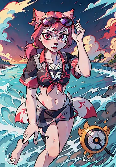 Kimiko Five-Tails, furry female anthro, fox girl, white body fur, pink hair, ((shirt, navel, sunglasses, eyewear on head, swimsuit, bikini, sarong, short sleeves, crop top, collared shirt, tied shirt, adjusting eyewear, midriff, blue sarong, tinted eyewear...