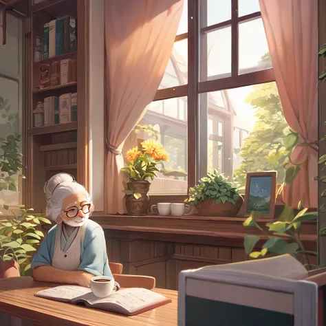 ((Masterpiece)), ((Best Quality)), (Very Detailed), ((Very Detailed)), 4K, (8K), very aesthetic, absurdres highres, 1woman, anthropomorphic rabbit, furry, kemono, elderly woman, glasses, cafe, wooden table, coffee cup, book, window light, warm colors, quie...