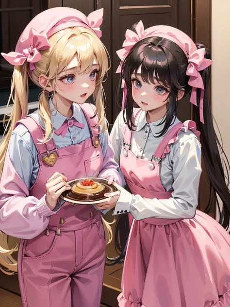 an adult woman, blonde with two pigtails with a bow each pink, pink dress yipo overalls, she has blue eyes, a pink hat on her head, in a room next to an adult man who is taking care of her, he has black eyes and black hair