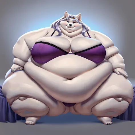 Arctic wolf,female, long hair, huge breasts, huge hips, huge thighs, plump, voluptuous, morbidly obese, fat arms, fat legs, belly rolls, fat rolls, saggy breasts, huge belly, belly overhang,, double chin, chubby cheeks, gorgeous, beautiful, eyelashes,huge ...