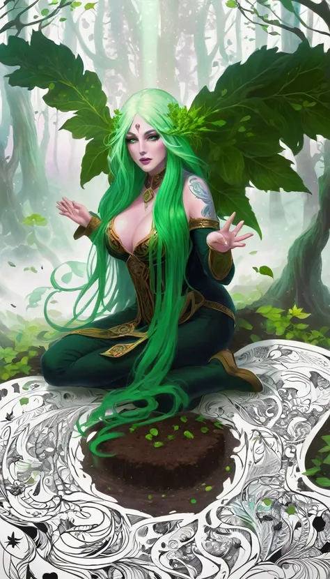 divine beautiful dlyad girl, long green hair, large breasts, personified, fantasy, excellent lighting, excellent anatomy, leaves, weeds, sprouts, trees, soil, ethereality, fantasy card game frame, psychedelic, psychedelic delusion, 2d Gauche hand drawn pai...