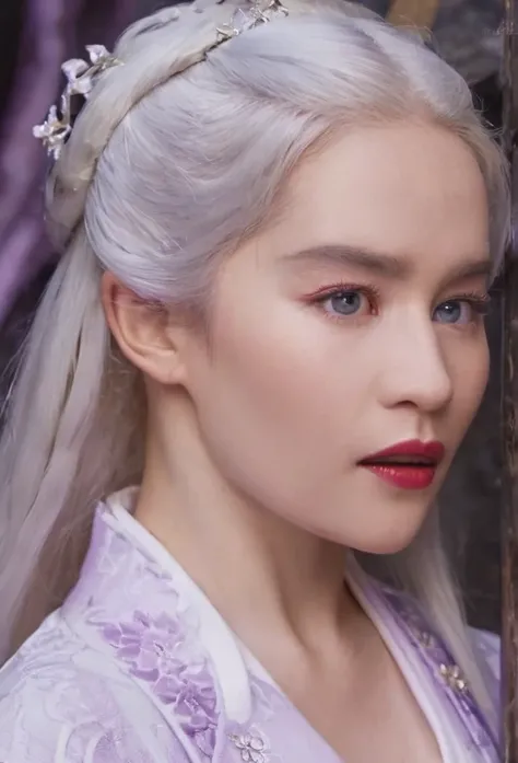 Queen of the White Dragon, mulher madura jovem, "Galadriel, EMÍLIACLARKE", elegant lilac Ruby dress, mama grande, Curvy, dragon ling vawy hair, Cabelos Super Longos, soft facial features, White dragon horns on his head, mulher majestosa, silver decoration ...