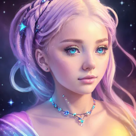 masterpiece, Awesome girl, pretty girl, bust, High Detail Eyes, Perfect Eyes, Portraiture, A face with attention to detail, Same eyes, Glare, Rainbow colors, Global Illumination, Soft Light, Dream Light, Digital Painting, 8K Close-up, Fantasy, Night Sky, p...