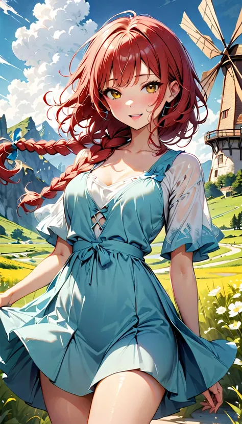 (highest quality:1.2), Very detailed, Vibrant, digital coloring, High Contrast, masterpiece:1.2, highest quality, Best aesthetics, 1 female, red Hair, (single braid:1.5), messy hair, vivid yellow eyes, (((Blue Dress:1.2))), (fantasy landscape:1.4), windmil...