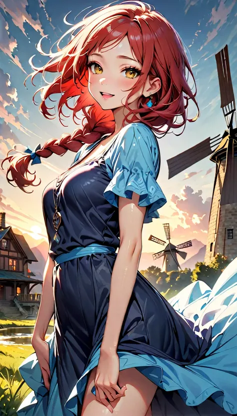 (highest quality:1.2), Very detailed, Vibrant, digital coloring, High Contrast, masterpiece:1.2, highest quality, Best aesthetics, 1 female, red Hair, (single braid:1.5), messy hair, vivid yellow eyes, (((Blue Dress:1.2))), (fantasy landscape:1.4), windmil...