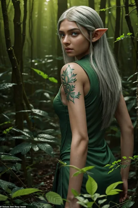 masterpiece, An elf "named Arya", with light skin with a slight golden hue, long straight silver hair, bright green eyes, delicate facial features with high cheekbones and pointed ears, walks through an alien forest full of luminescent plants . The lightin...