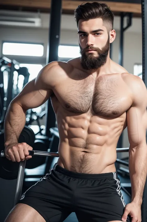 Handsome young man in gym with beard
