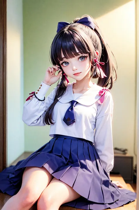 masterpiece, best quality, soft lighting, absurdres, looking at viewer, solo, ponytail, serafuku, kamisato ayaka (heytea), official art, official alternate costume, kamisato ayaka, blunt bangs, hair bow, hair ribbon, red ribbon, , sailor shirt, sailor coll...