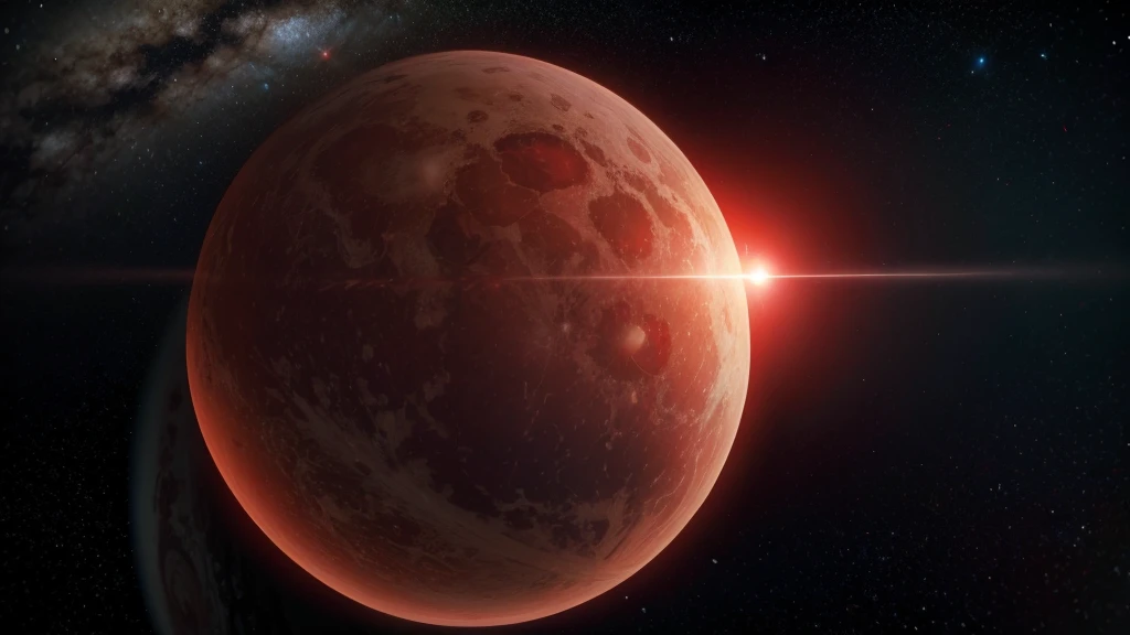 "A planet appeared far away lit by two massive red stars in the daytime sky."