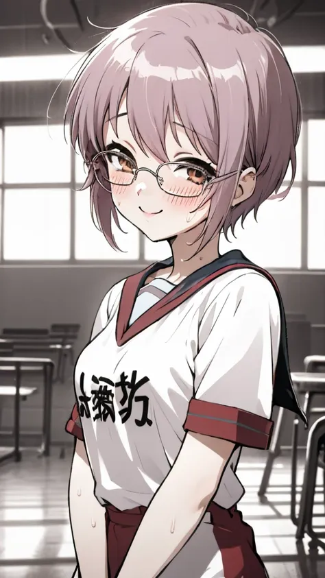 looking at viewer, 1girl, female, solo, blush, sweating, smile, ny1, glasses, ,school gym shirts,buruma