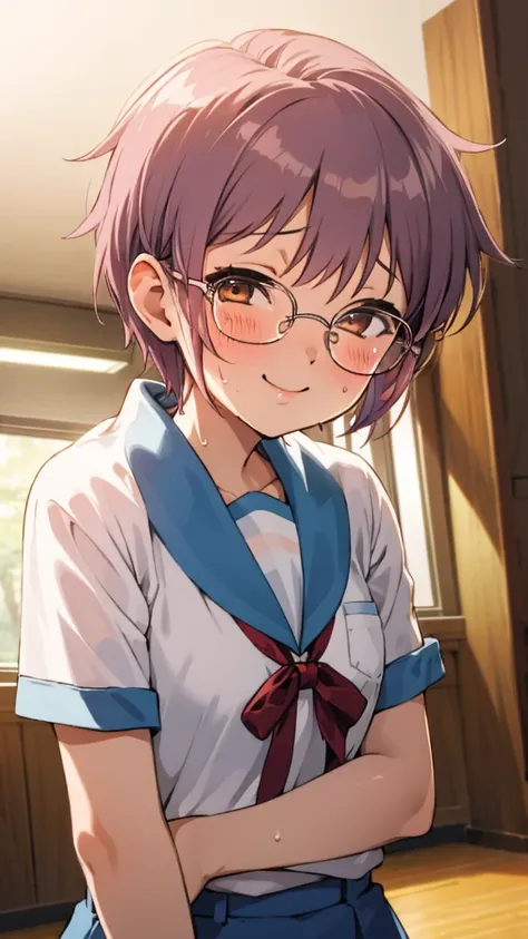  looking at viewer, 1girl, female, solo, blush, sweating, smile, ny1, glasses, ,school gym shirts,buruma