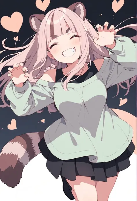 anime,(pale colors:1.8),long shot, 1girl, (on right:1.3), full body, solo, grin, smile, closed eyes, dynamic angle, jumping high, claw pose, fang,  light pink hair, long hair, straight hair, racoon ears, racoon tail, (brown streaked hair:1.3), side braid, ...